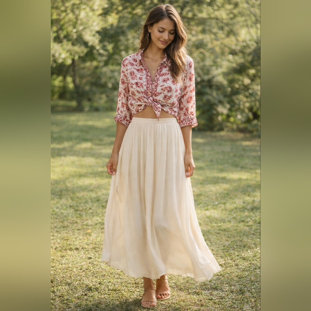 Max Studio Floral Boho Blouse Top Red White Lightweight Rayon Size XS